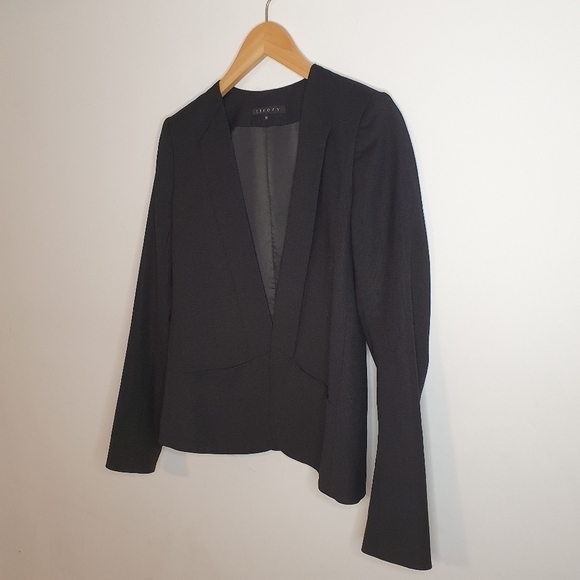Theory Collarless Virgin Wool Open Front Black Blazer Size 00 - Picture 2 of 9